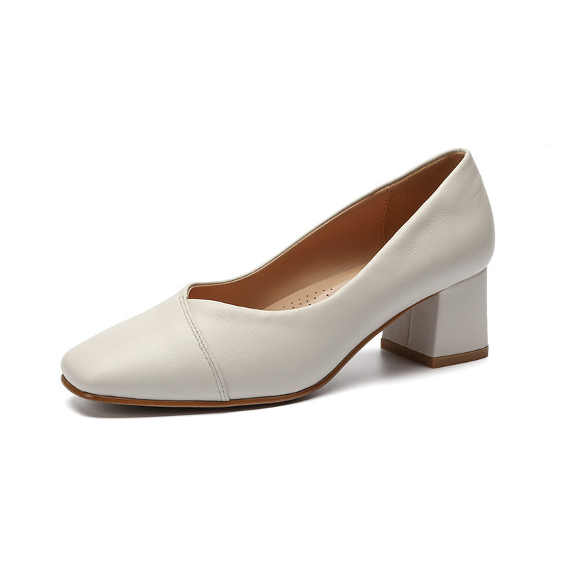 Square Toe Mid-Heel High Heel Shallow Mouth Leather Women's Singles Shoes