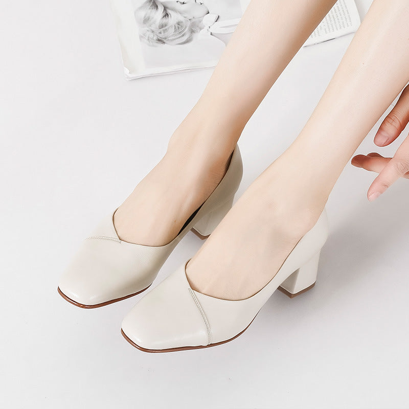 Square Toe Mid-Heel High Heel Shallow Mouth Leather Women's Singles Shoes