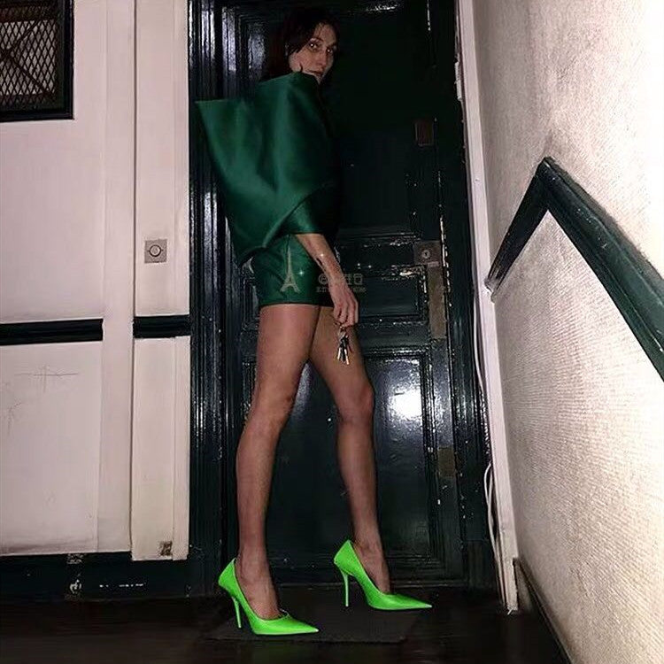 Spring New Net Red Ins Fluorescent Green Pointed Sexy High Heels Commuter Shallow Mouth Stiletto Single Shoes Women