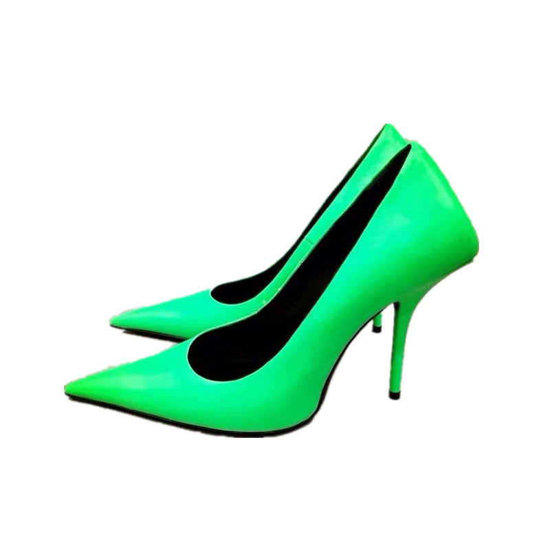 Spring New Net Red Ins Fluorescent Green Pointed Sexy High Heels Commuter Shallow Mouth Stiletto Single Shoes Women