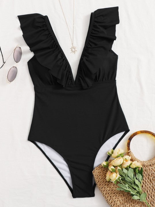 Amazon olid Color Pleated OIne-Piece Swimsuit Fashionable Sexy Slim Bikini