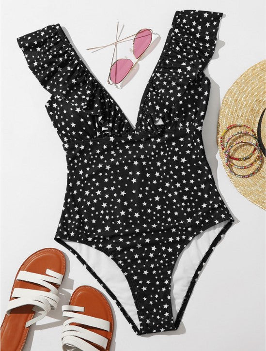 Amazon olid Color Pleated OIne-Piece Swimsuit Fashionable Sexy Slim Bikini