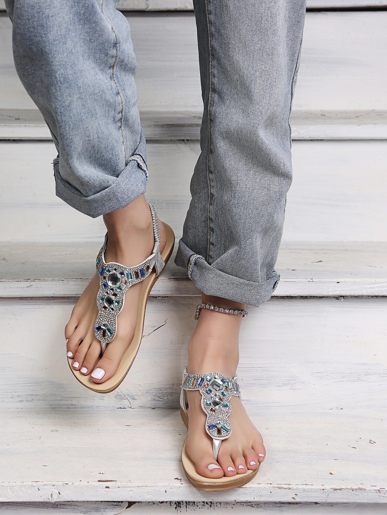 Retro Beaded Rhinestone Soft Sole Travel Beach Shoes