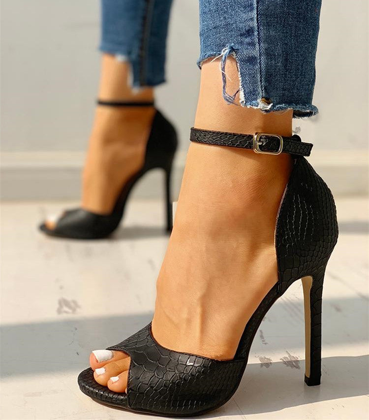 States Sexy Snake Print Stiletto Buckle Fish Mouth Bag Heel Sandals