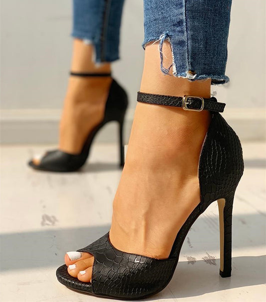 States Sexy Snake Print Stiletto Buckle Fish Mouth Bag Heel Sandals