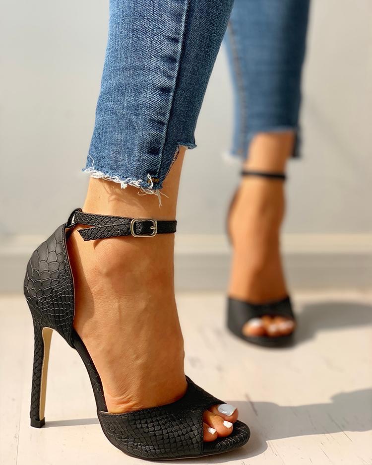 States Sexy Snake Print Stiletto Buckle Fish Mouth Bag Heel Sandals