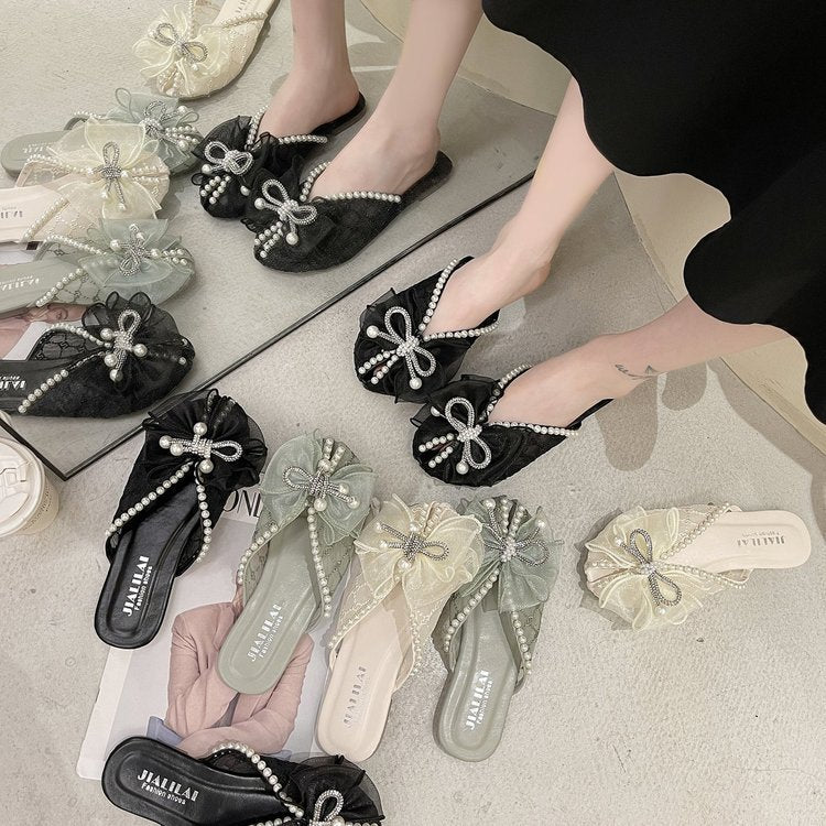 Korean Version Of The New Lace Bow Net Gauze Slippers