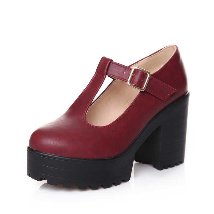 Womens Pumps Shoes Mary Jaen Block Platforms Heels T-strap