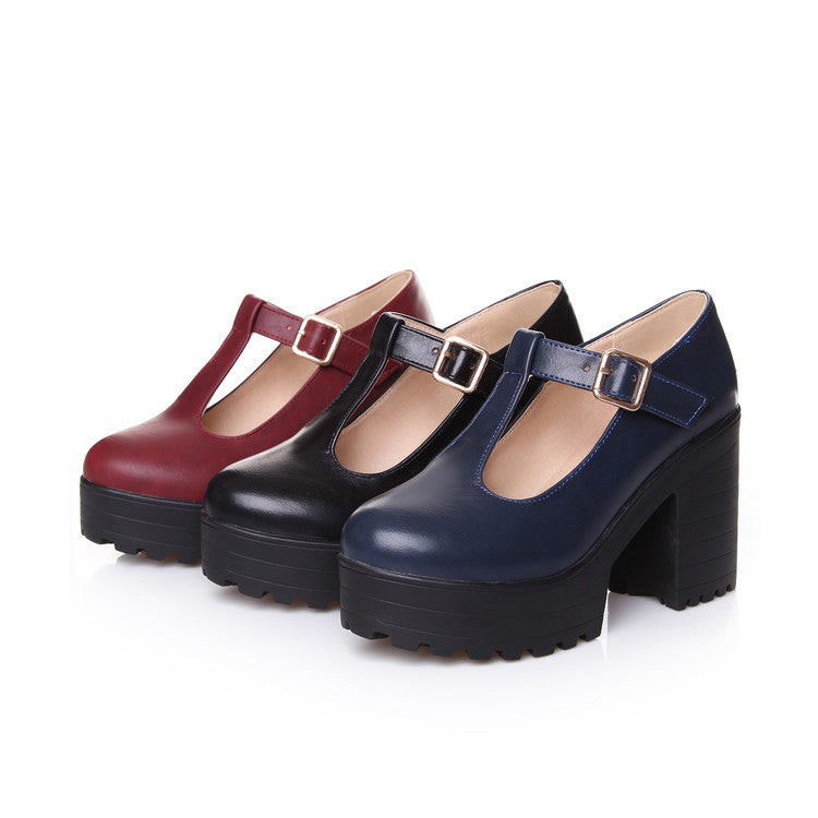 Womens Pumps Shoes Mary Jaen Block Platforms Heels T-strap
