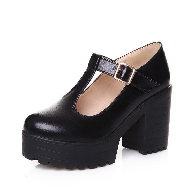 Womens Pumps Shoes Mary Jaen Block Platforms Heels T-strap