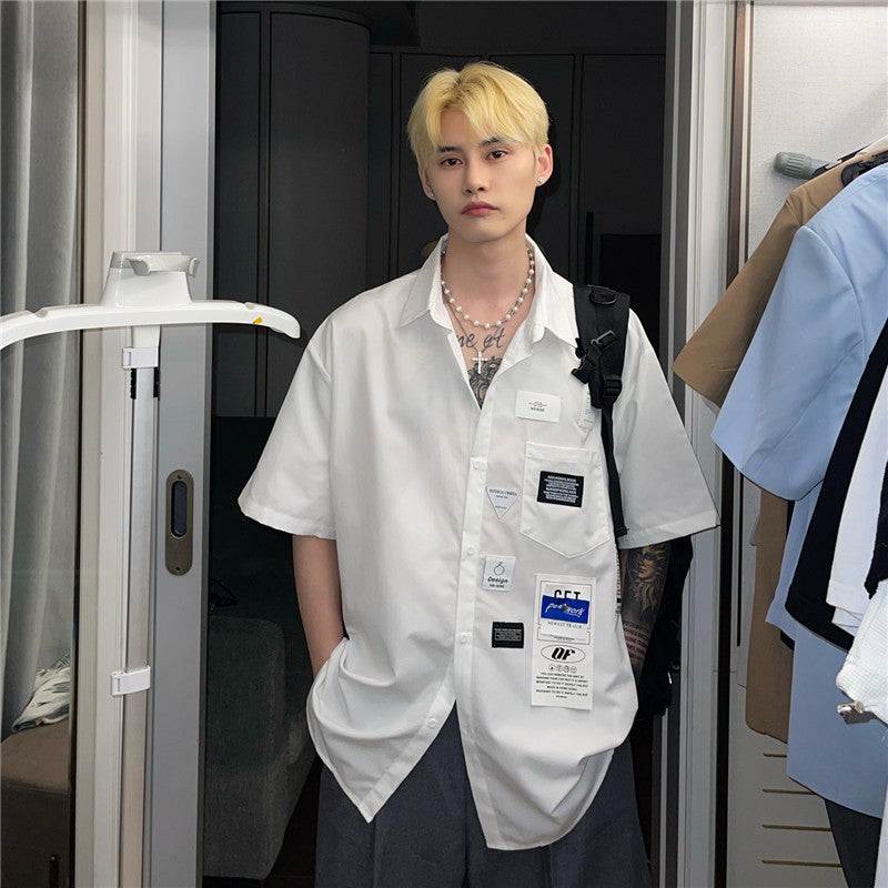 Korean Style Personalized Label Shirt Men's Short Sleeves