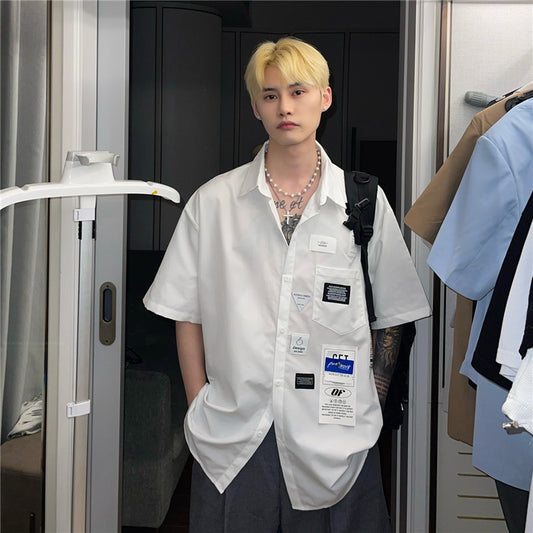 Korean Style Personalized Label Shirt Men's Short Sleeves