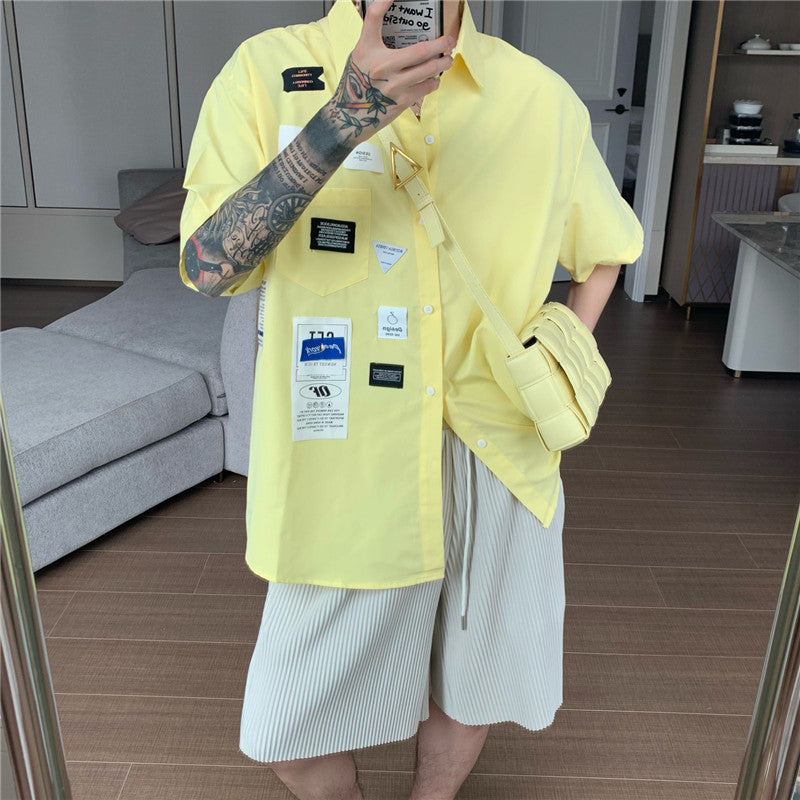 Korean Style Personalized Label Shirt Men's Short Sleeves