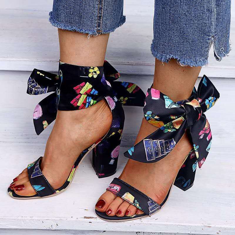 Ribbon Anklet Straps Bow Shoes Chunky Heel
