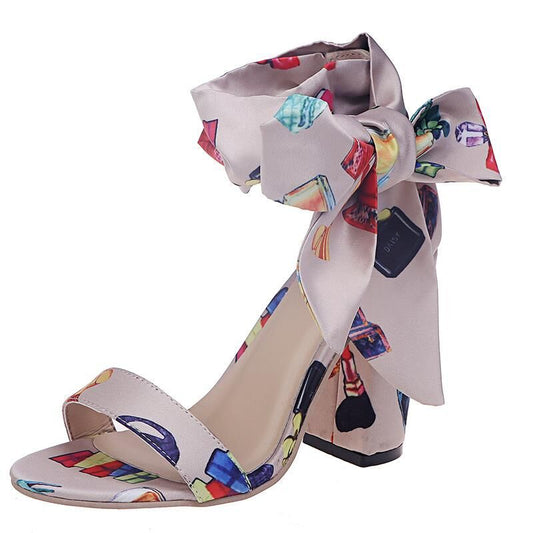 Ribbon Anklet Straps Bow Shoes Chunky Heel
