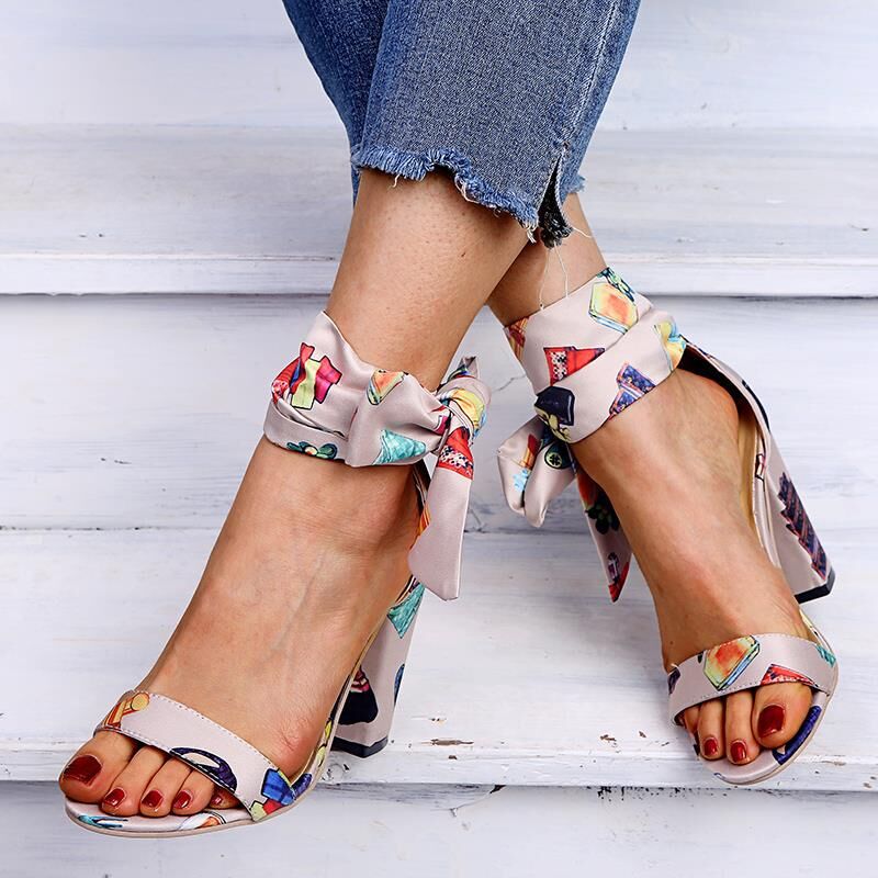 Ribbon Anklet Straps Bow Shoes Chunky Heel