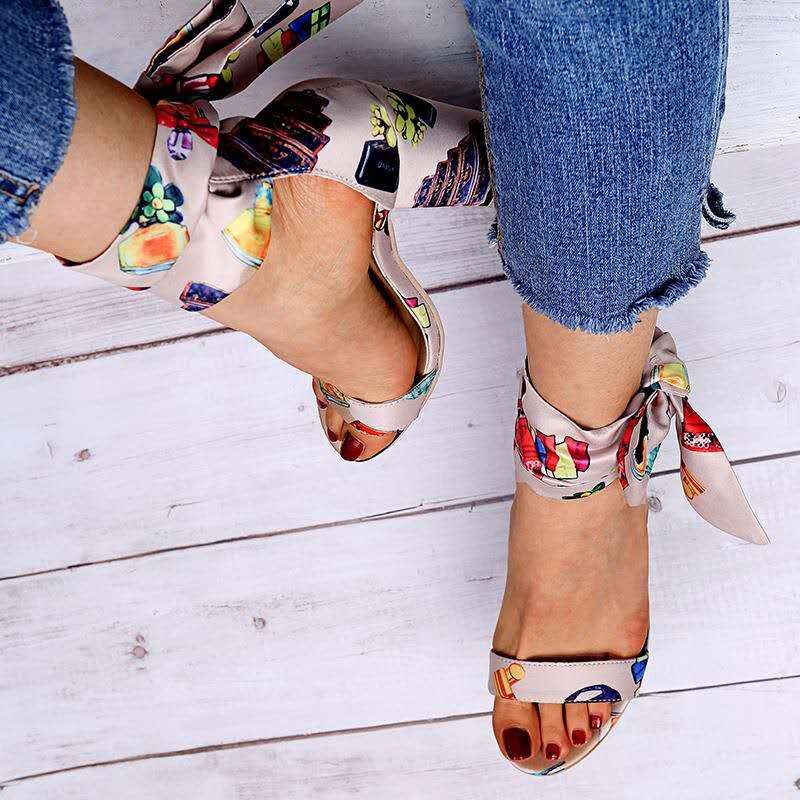 Ribbon Anklet Straps Bow Shoes Chunky Heel