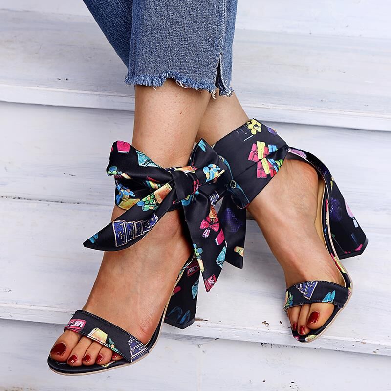 Ribbon Anklet Straps Bow Shoes Chunky Heel