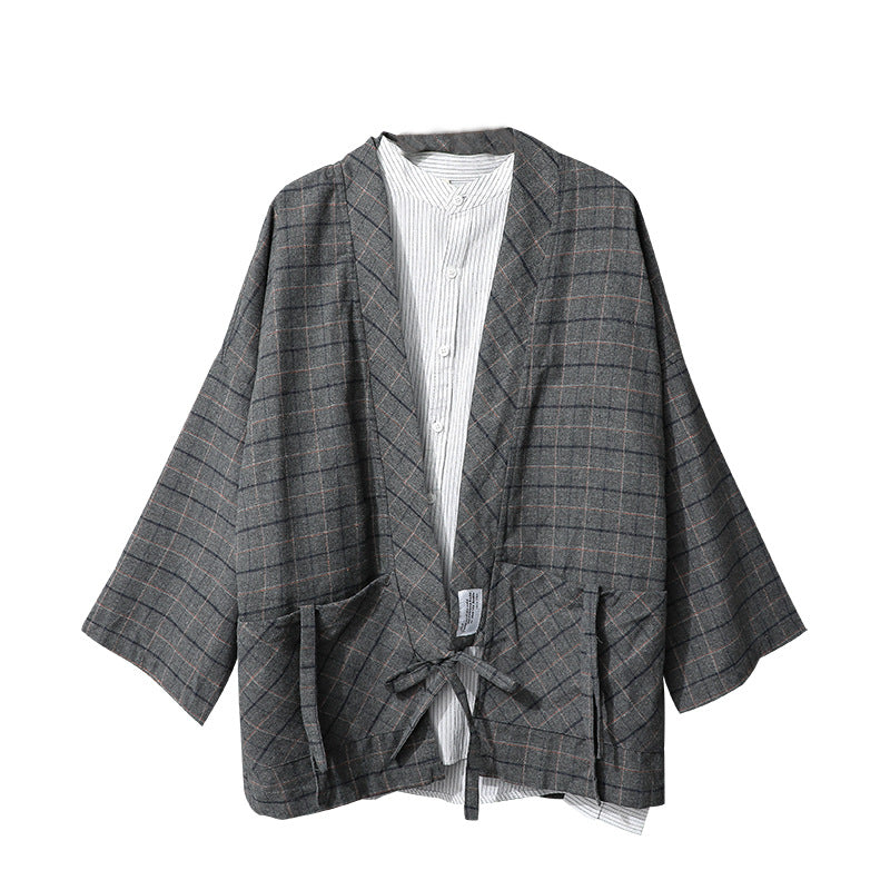 Japanese Retro Plaid Shirt Men's Long-sleeved Tie
