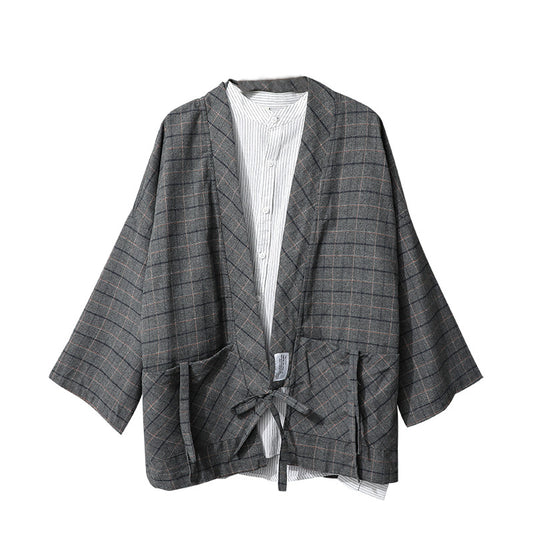 Japanese Retro Plaid Shirt Men's Long-sleeved Tie