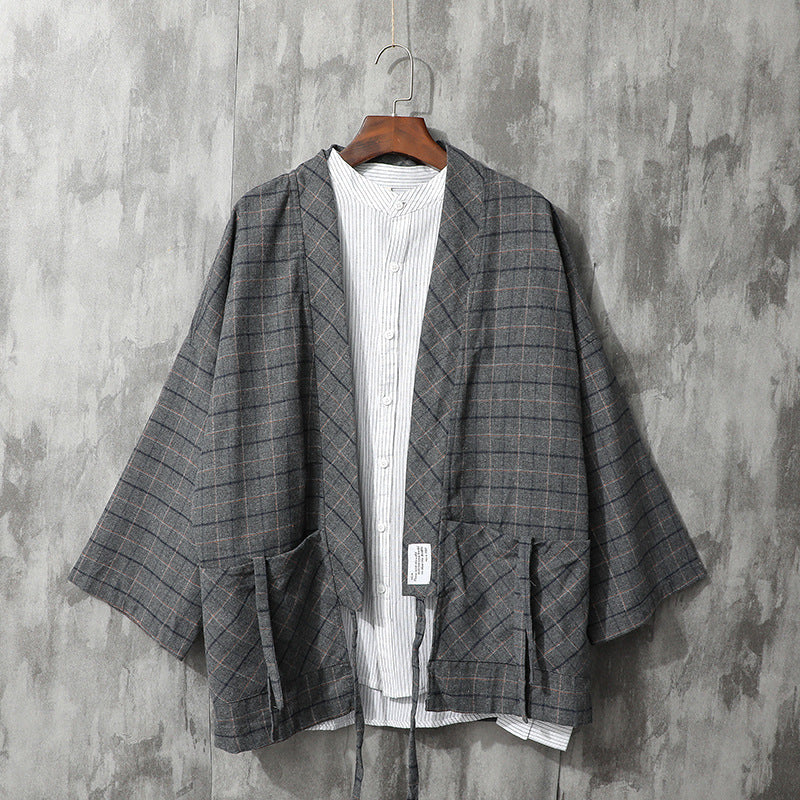 Japanese Retro Plaid Shirt Men's Long-sleeved Tie