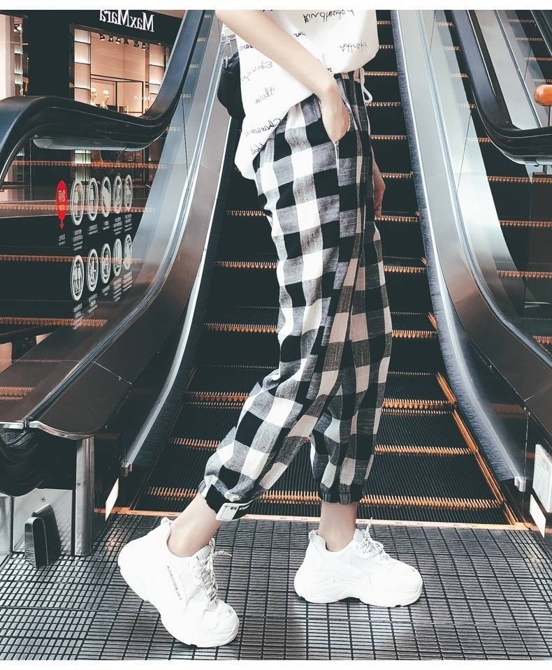 Cotton and Linen Pants Literary and Casual Plaid Pants