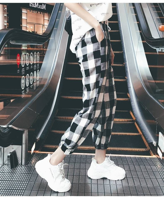Cotton and Linen Pants Literary and Casual Plaid Pants