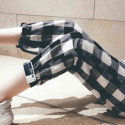 Cotton and Linen Pants Literary and Casual Plaid Pants