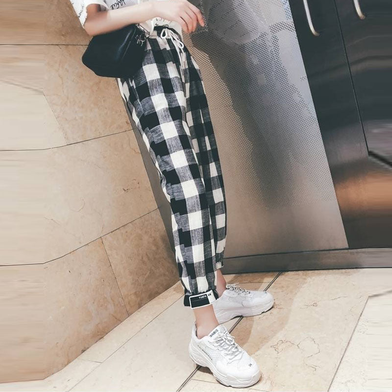 Cotton and Linen Pants Literary and Casual Plaid Pants