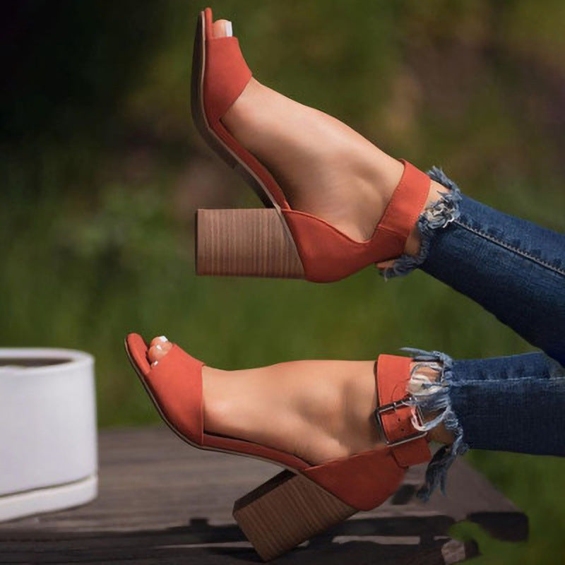 Round Toe Buckle High Block Heel Women's Plus Size Sandals