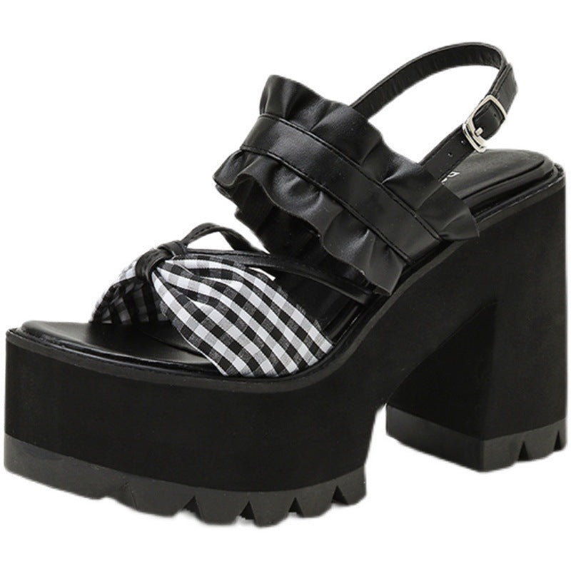 Ruffled Color-Blocking Bow-Knot Platform Thick-Heeled High-Heel Sandals
