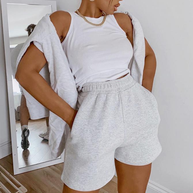 Sports Solid Color Elastic Waist Wide Leg Female Tracksuit Workout Bottoms Shorts