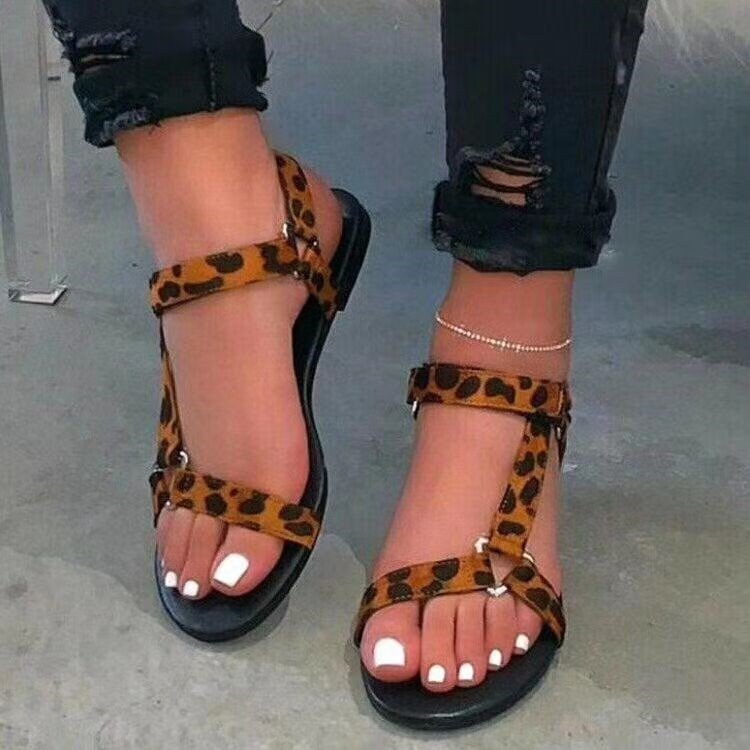 Summer New Style Flat Leopard Print Velcro Female Sandals