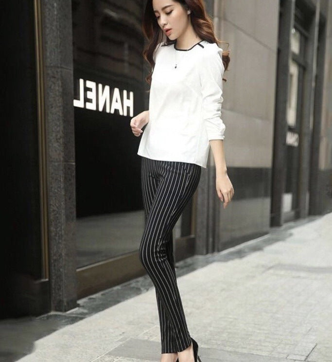 Women's Black And White Vertical Stripes Leggings Slim High Waist Pants