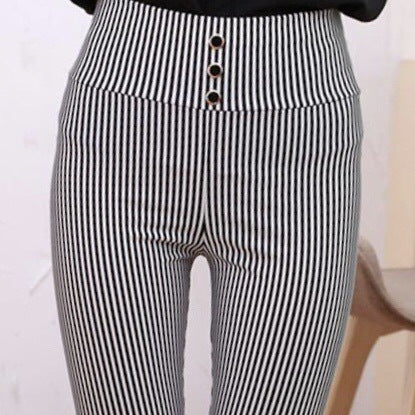 Women's Black And White Vertical Stripes Leggings Slim High Waist Pants