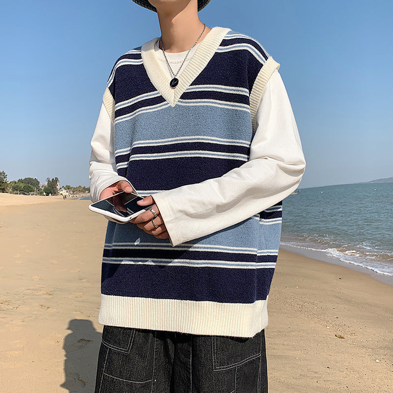 Men's Korean Loose Striped V-neck Sweater