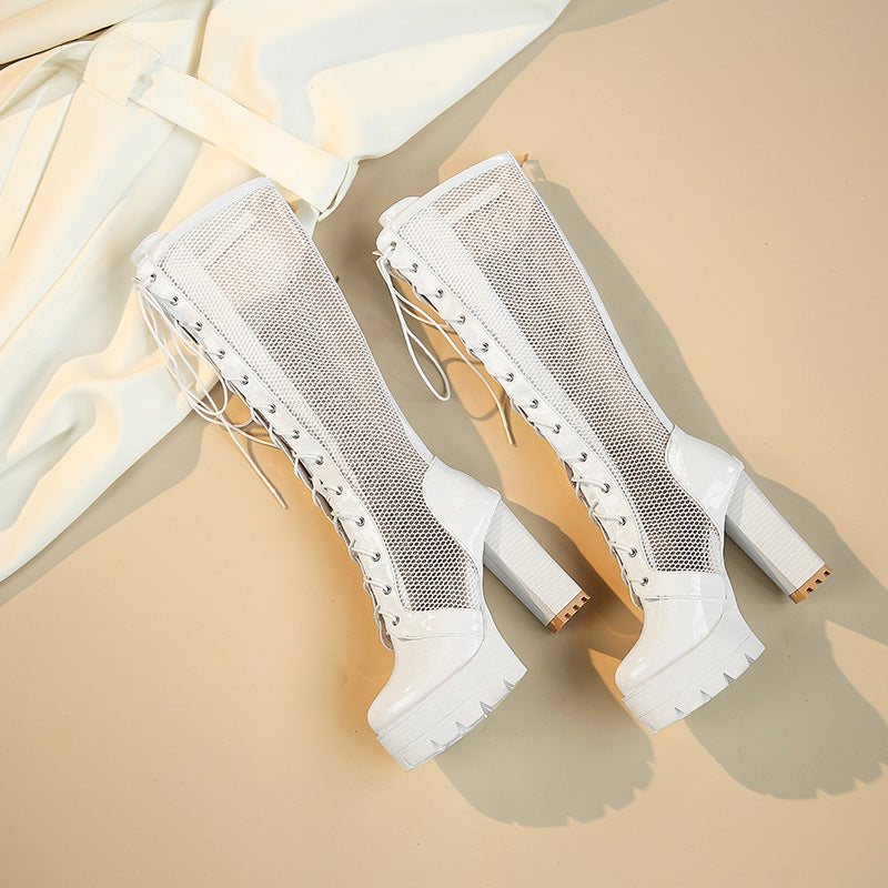 Super High Heel Water Platform Cross Strap Mesh High Boots