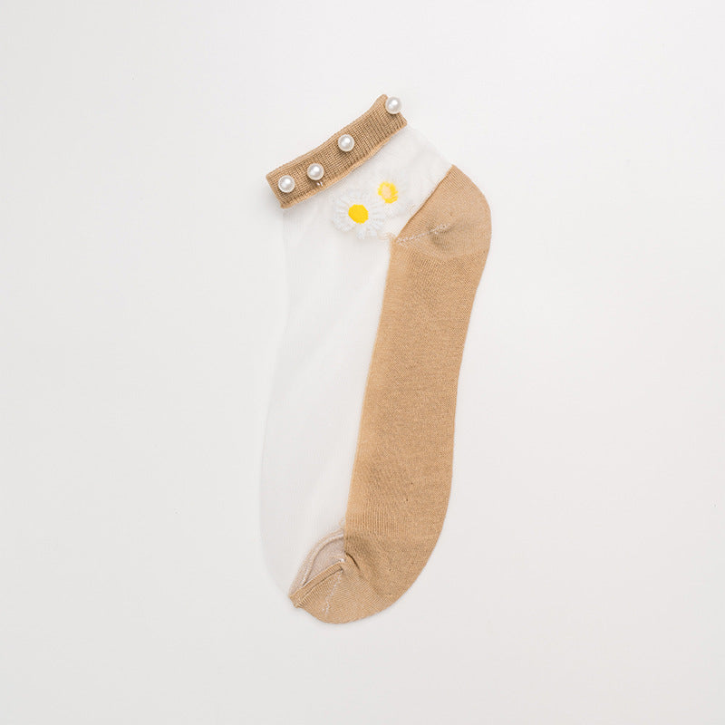 Crystal Glass Silk Stockings Pearl Cotton Bottom Boat Socks Invisible Socks