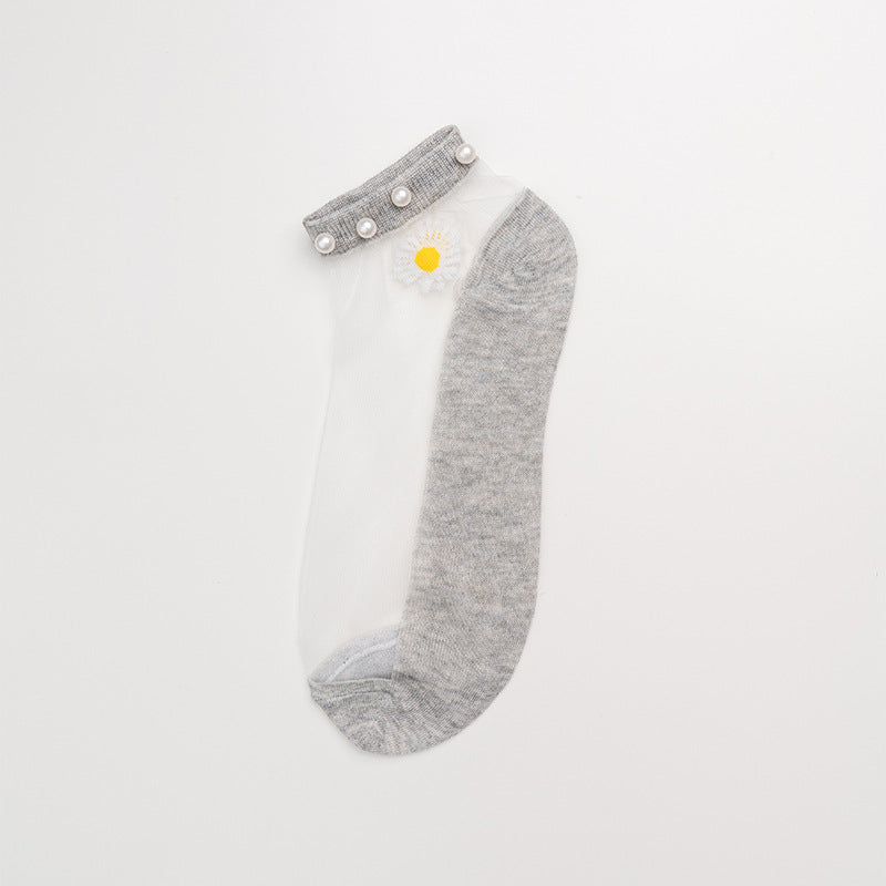 Crystal Glass Silk Stockings Pearl Cotton Bottom Boat Socks Invisible Socks