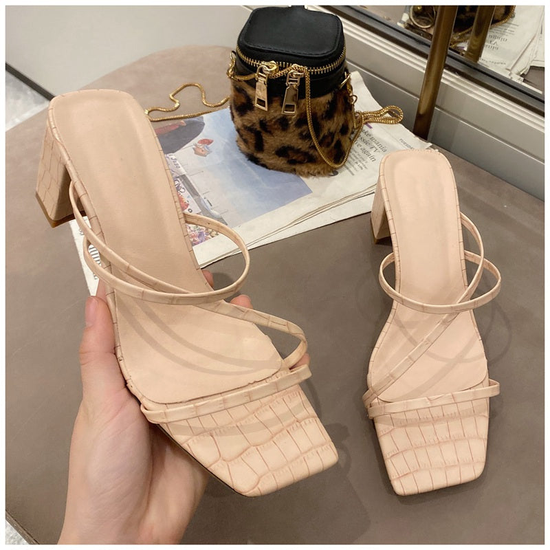 Spring And Summer Korean Women'S Shoes Thin Strap Combination Stone Pattern Thick Heel High Heel Toe Sandals