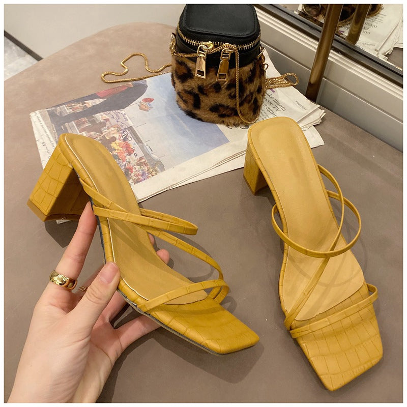 Spring And Summer Korean Women'S Shoes Thin Strap Combination Stone Pattern Thick Heel High Heel Toe Sandals