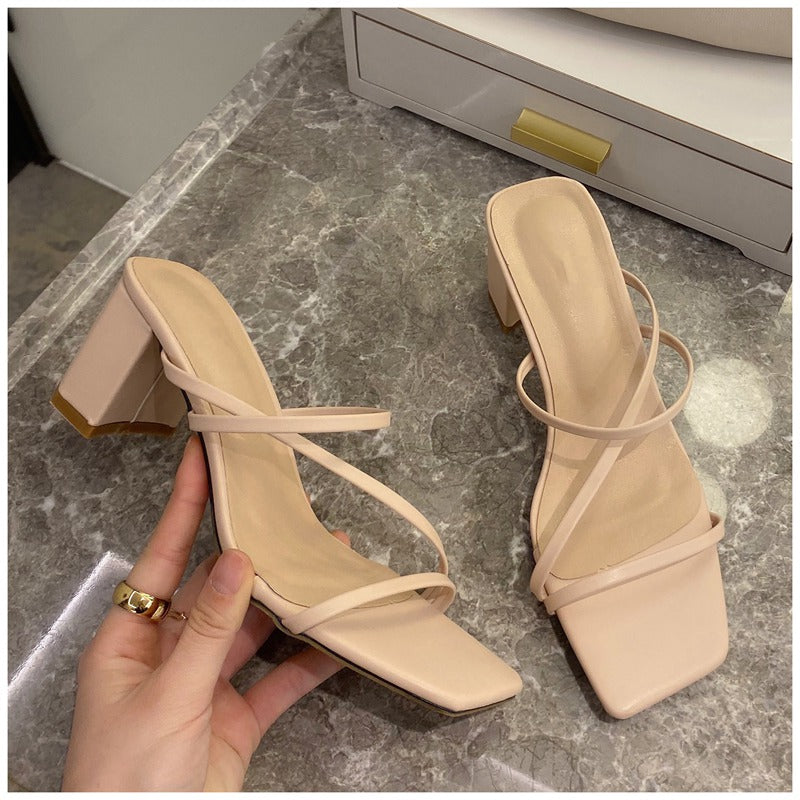 Spring And Summer Korean Women'S Shoes Thin Strap Combination Stone Pattern Thick Heel High Heel Toe Sandals