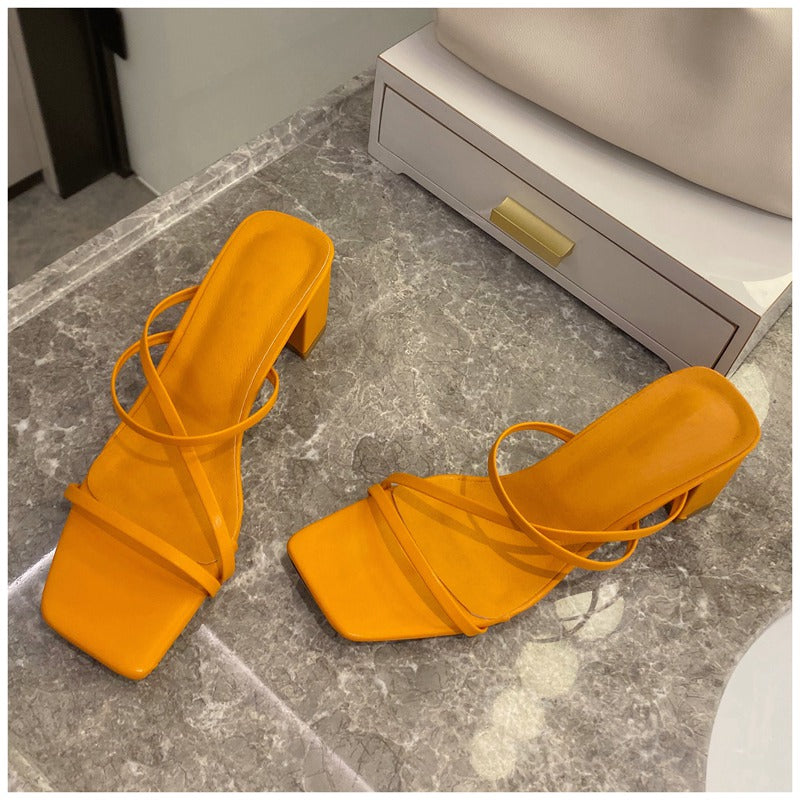 Spring And Summer Korean Women'S Shoes Thin Strap Combination Stone Pattern Thick Heel High Heel Toe Sandals