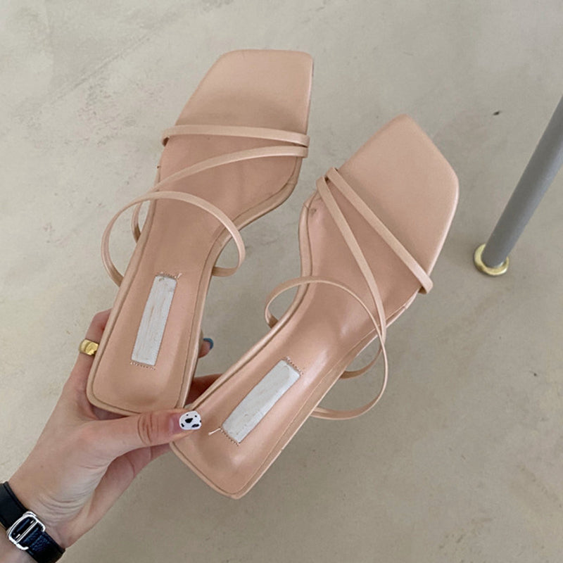 Spring And Summer Korean Women'S Shoes Thin Strap Combination Stone Pattern Thick Heel High Heel Toe Sandals