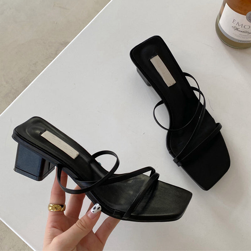 Spring And Summer Korean Women'S Shoes Thin Strap Combination Stone Pattern Thick Heel High Heel Toe Sandals