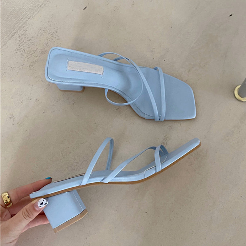 Spring And Summer Korean Women'S Shoes Thin Strap Combination Stone Pattern Thick Heel High Heel Toe Sandals