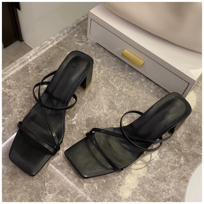 Spring And Summer Korean Women'S Shoes Thin Strap Combination Stone Pattern Thick Heel High Heel Toe Sandals