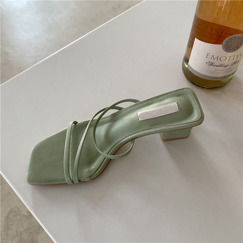 Spring And Summer Korean Women'S Shoes Thin Strap Combination Stone Pattern Thick Heel High Heel Toe Sandals