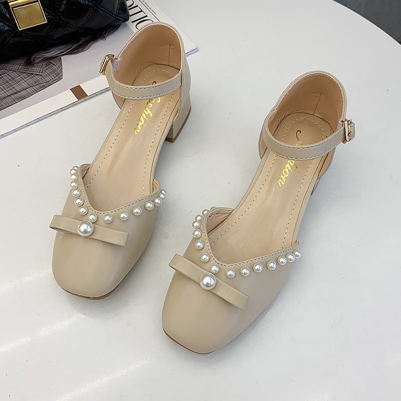 New High-heeled Shoes With Thick Heels Fashion Beaded Bow With A Word Belt Women's Shoes