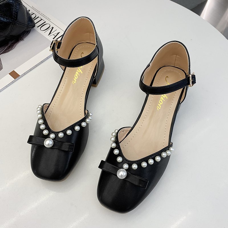New High-heeled Shoes With Thick Heels Fashion Beaded Bow With A Word Belt Women's Shoes